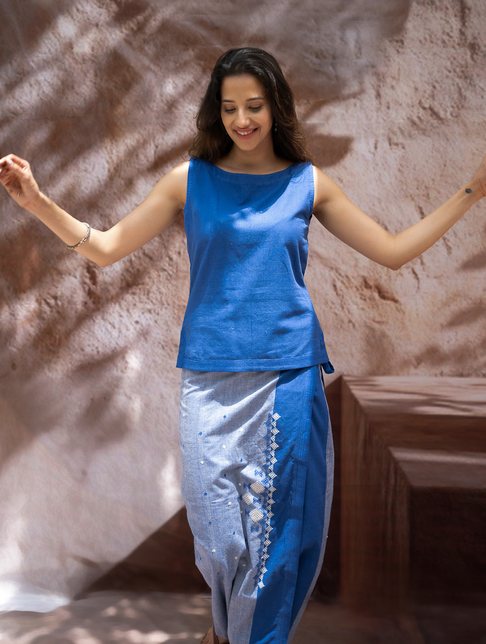 Load image into Gallery viewer, The Work Edit. Handwoven Kashida Pattu Cotton Wrap Skirt &amp; Top Set - Blue Aztec (Set of 2)