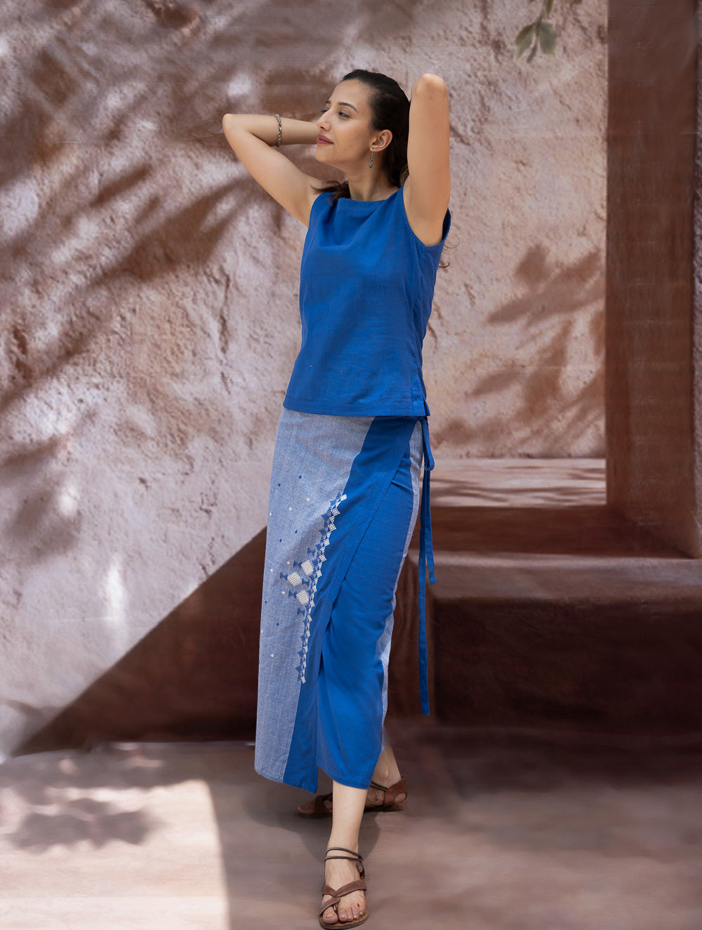 Load image into Gallery viewer, The Work Edit. Handwoven Kashida Pattu Cotton Wrap Skirt &amp; Top Set - Blue Aztec (Set of 2)