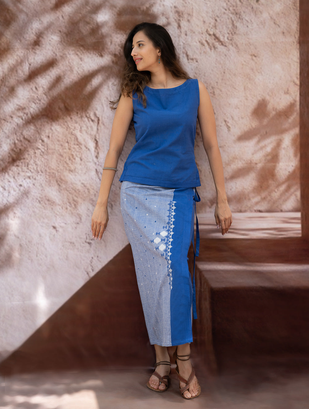 Load image into Gallery viewer, The Work Edit. Handwoven Kashida Pattu Cotton Wrap Skirt &amp; Top Set - Blue Aztec (Set of 2)