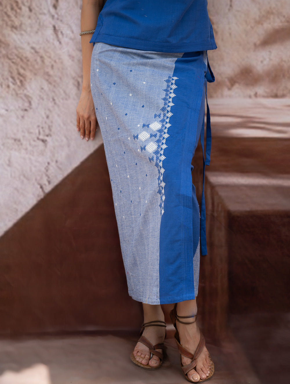 Load image into Gallery viewer, The Work Edit. Handwoven Kashida Pattu Cotton Wrap Skirt &amp; Top Set - Blue Aztec (Set of 2)