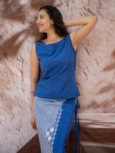 Load image into Gallery viewer, The Work Edit. Handwoven Kashida Pattu Cotton Wrap Skirt &amp; Top Set - Blue Aztec (Set of 2)