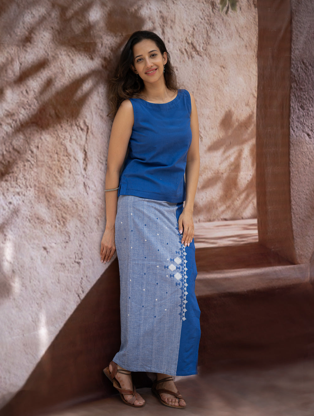 Load image into Gallery viewer, The Work Edit. Handwoven Kashida Pattu Cotton Wrap Skirt &amp; Top Set - Blue Aztec (Set of 2)