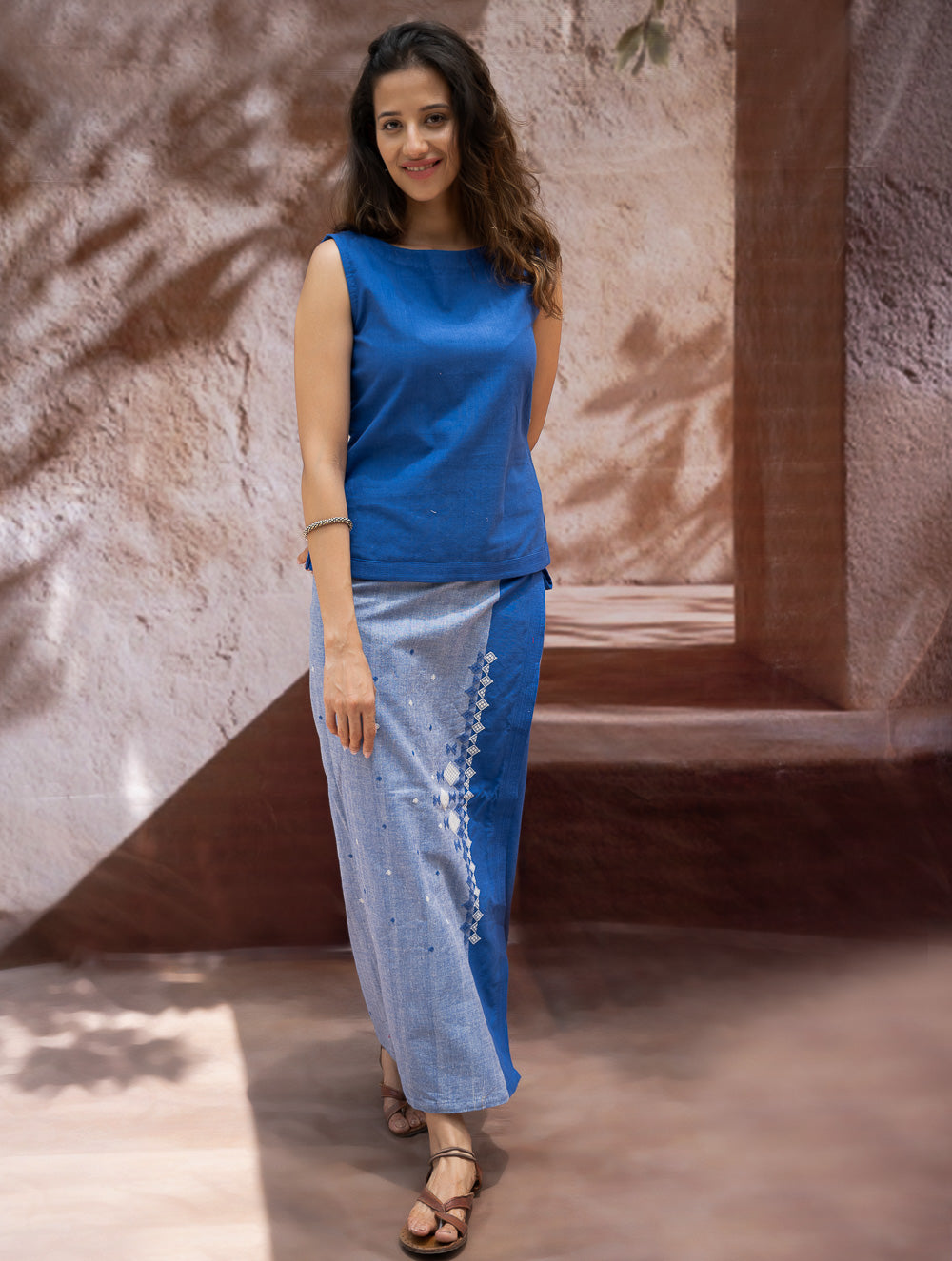 Load image into Gallery viewer, The Work Edit. Handwoven Kashida Pattu Cotton Wrap Skirt &amp; Top Set - Blue Aztec (Set of 2)