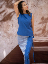 Load image into Gallery viewer, The Work Edit. Handwoven Kashida Pattu Cotton Wrap Skirt &amp; Top Set - Blue Aztec (Set of 2)