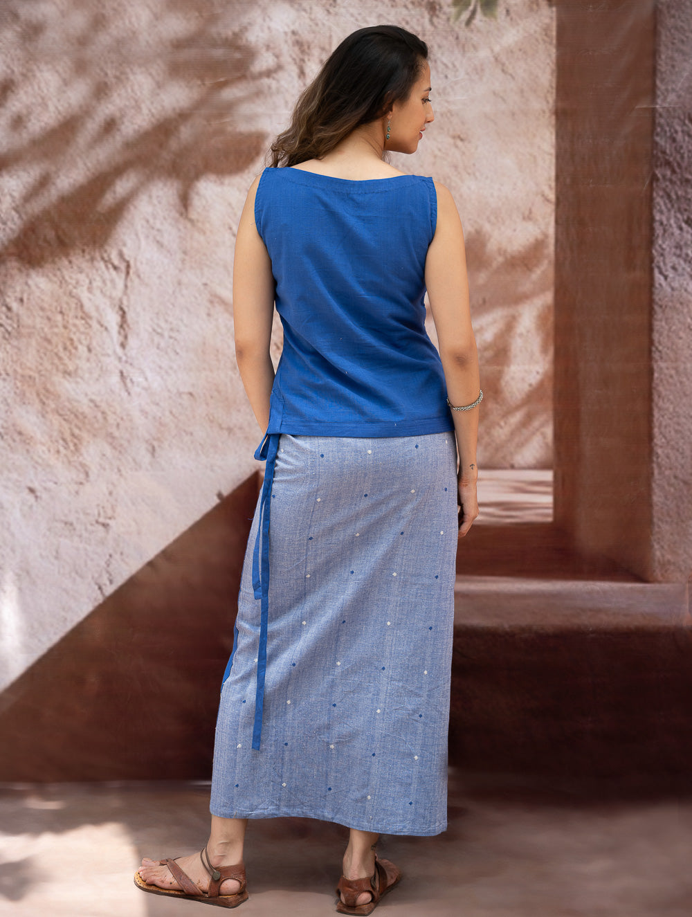 Load image into Gallery viewer, The Work Edit. Handwoven Kashida Pattu Cotton Wrap Skirt &amp; Top Set - Blue Aztec (Set of 2)
