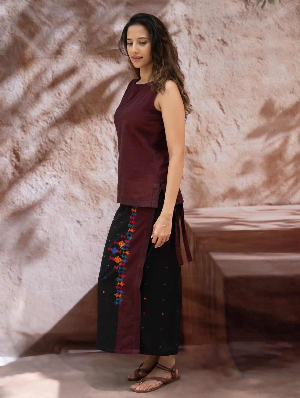 Load image into Gallery viewer, The Work Edit. Handwoven Kashida Pattu Cotton Wrap Skirt &amp; Top Set - Midnight Maroon (Set of 2)