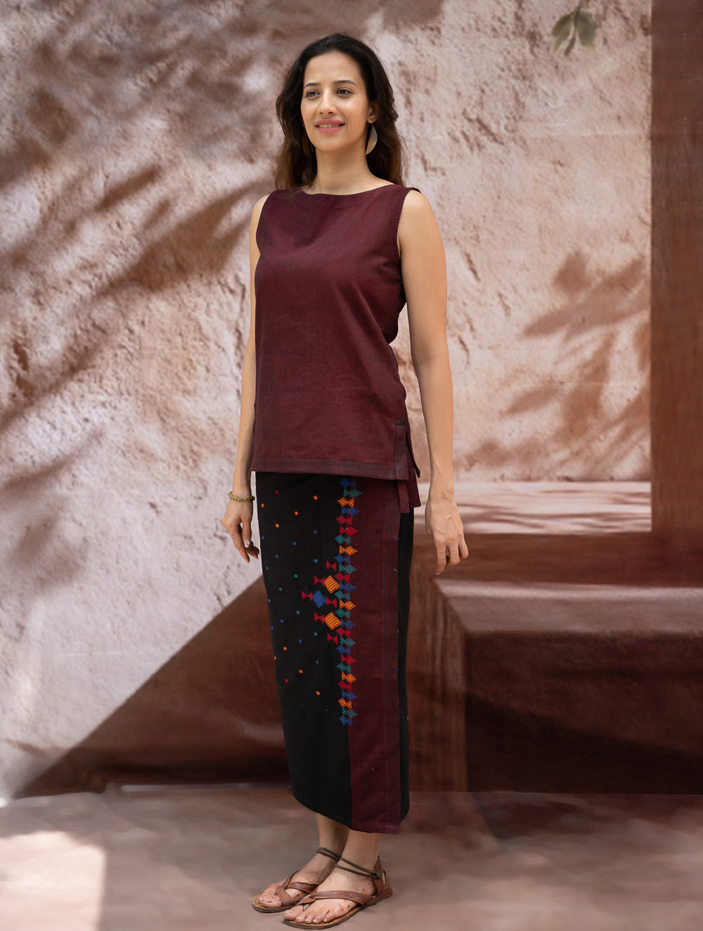 Load image into Gallery viewer, The Work Edit. Handwoven Kashida Pattu Cotton Wrap Skirt &amp; Top Set - Midnight Maroon (Set of 2)