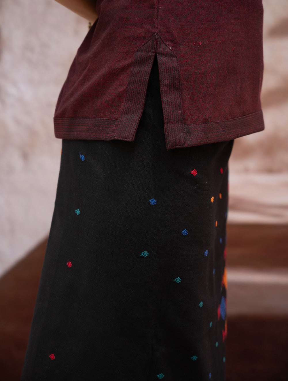 Load image into Gallery viewer, The Work Edit. Handwoven Kashida Pattu Cotton Wrap Skirt &amp; Top Set - Midnight Maroon (Set of 2)