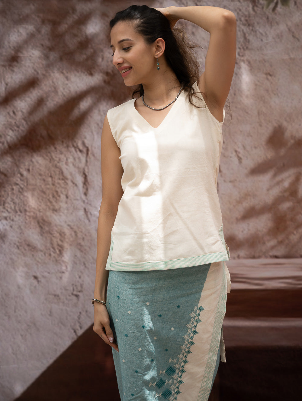 Load image into Gallery viewer, The Work Edit. Handwoven Kashida Pattu Cotton Wrap Skirt &amp; Top Set - Teal Aztec (Set of 2)
