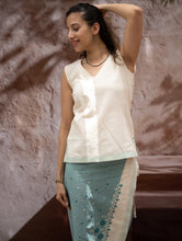 Load image into Gallery viewer, The Work Edit. Handwoven Kashida Pattu Cotton Wrap Skirt &amp; Top Set - Teal Aztec (Set of 2)