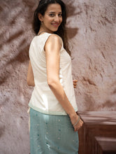Load image into Gallery viewer, The Work Edit. Handwoven Kashida Pattu Cotton Wrap Skirt &amp; Top Set - Teal Aztec (Set of 2)