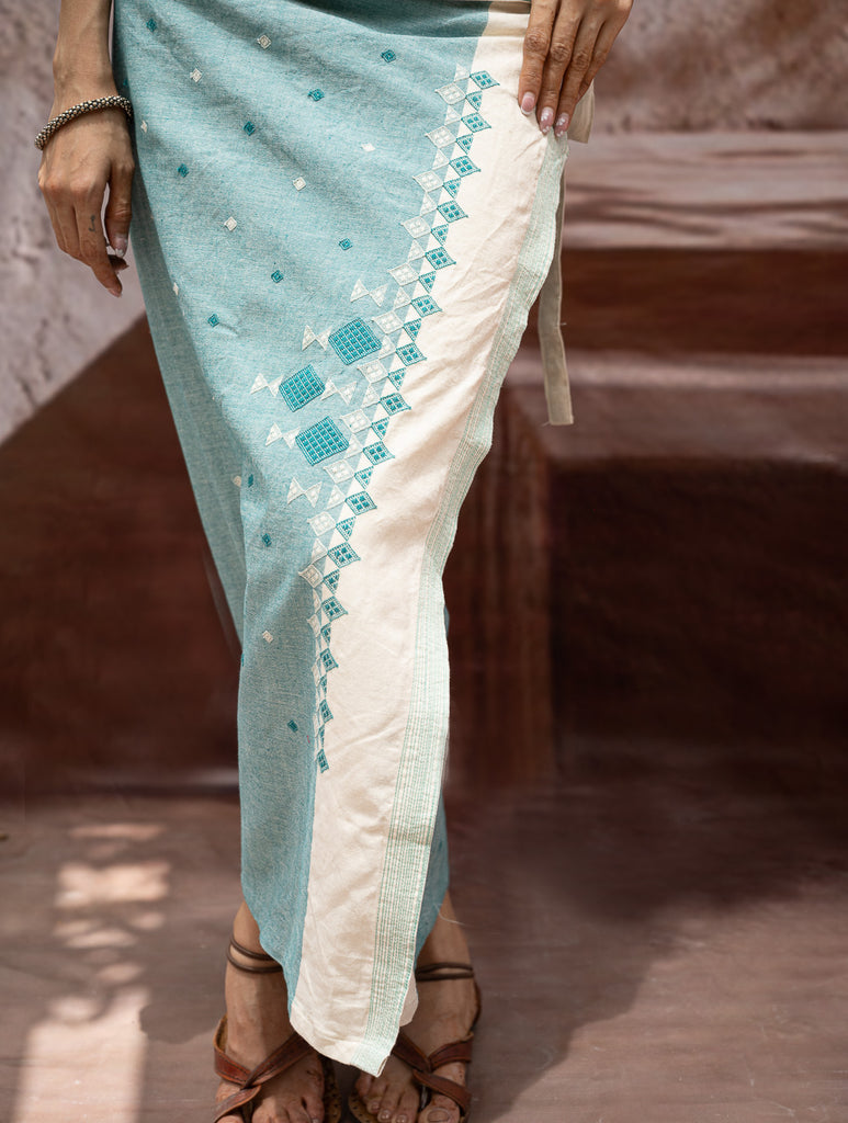 The Work Edit. Handwoven Kashida Pattu Cotton Wrap Skirt & Top Set - Teal Aztec (Set of 2)