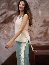 Load image into Gallery viewer, The Work Edit. Handwoven Kashida Pattu Cotton Wrap Skirt &amp; Top Set - Teal Aztec (Set of 2)