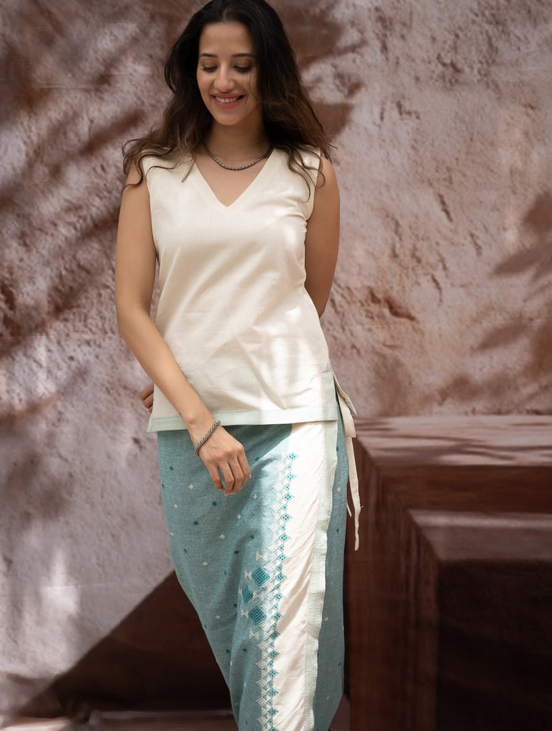The Work Edit. Handwoven Kashida Pattu Cotton Wrap Skirt & Top Set - Teal Aztec (Set of 2)