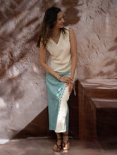 Load image into Gallery viewer, The Work Edit. Handwoven Kashida Pattu Cotton Wrap Skirt &amp; Top Set - Teal Aztec (Set of 2)
