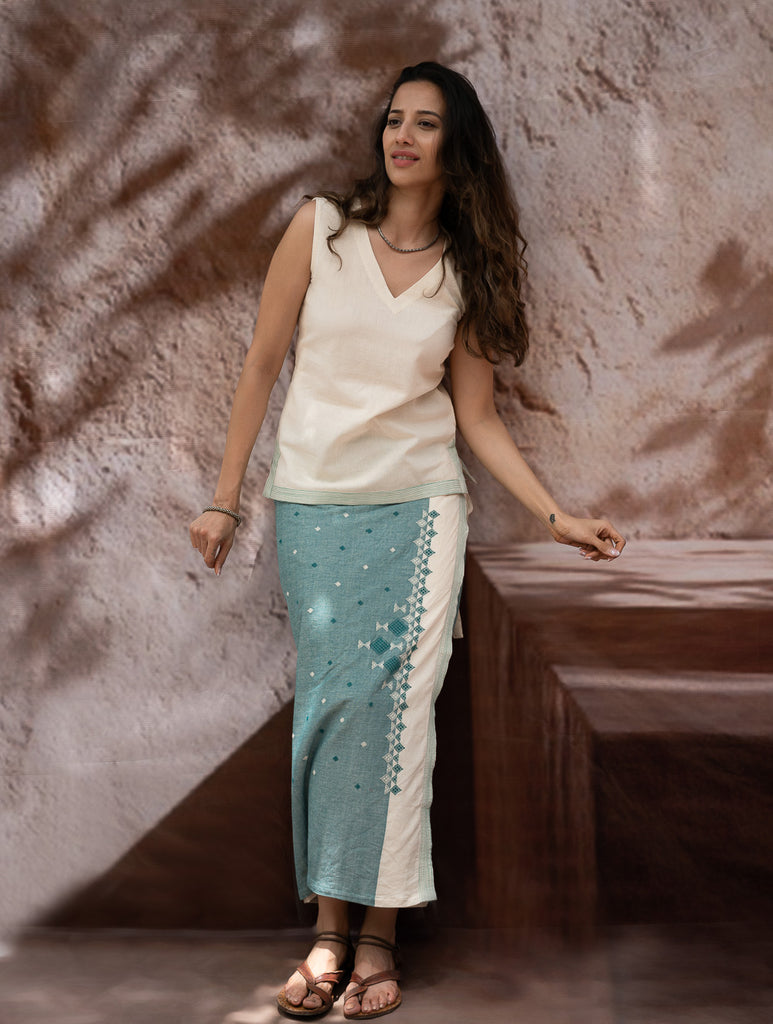 The Work Edit. Handwoven Kashida Pattu Cotton Wrap Skirt & Top Set - Teal Aztec (Set of 2)