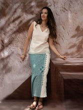 Load image into Gallery viewer, The Work Edit. Handwoven Kashida Pattu Cotton Wrap Skirt &amp; Top Set - Teal Aztec (Set of 2)