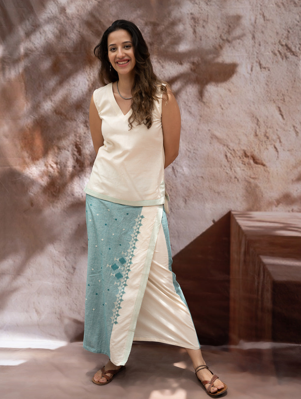 Load image into Gallery viewer, The Work Edit. Handwoven Kashida Pattu Cotton Wrap Skirt &amp; Top Set - Teal Aztec (Set of 2)