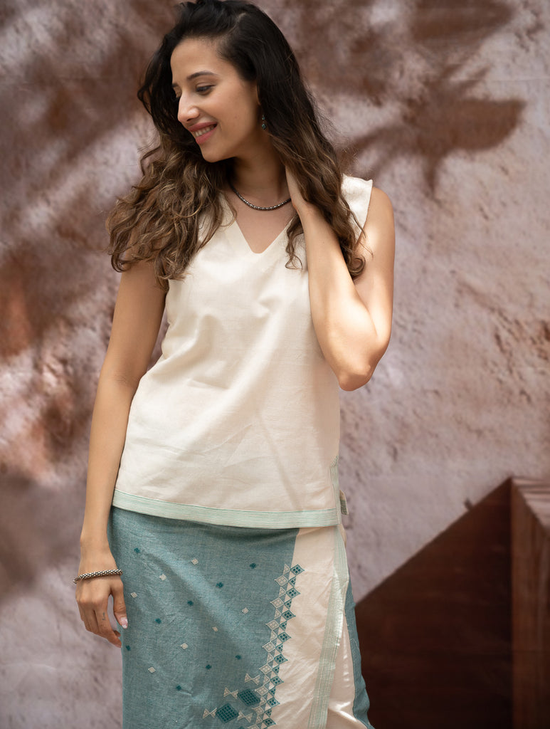 The Work Edit. Handwoven Kashida Pattu Cotton Wrap Skirt & Top Set - Teal Aztec (Set of 2)
