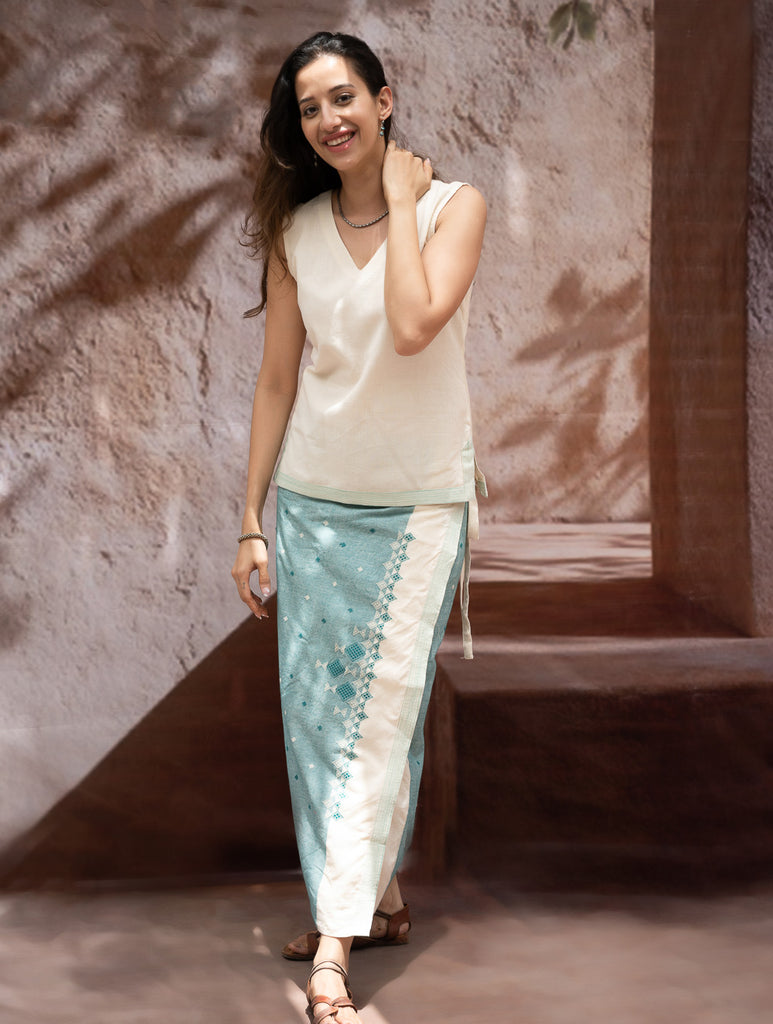 The Work Edit. Handwoven Kashida Pattu Cotton Wrap Skirt & Top Set - Teal Aztec (Set of 2)