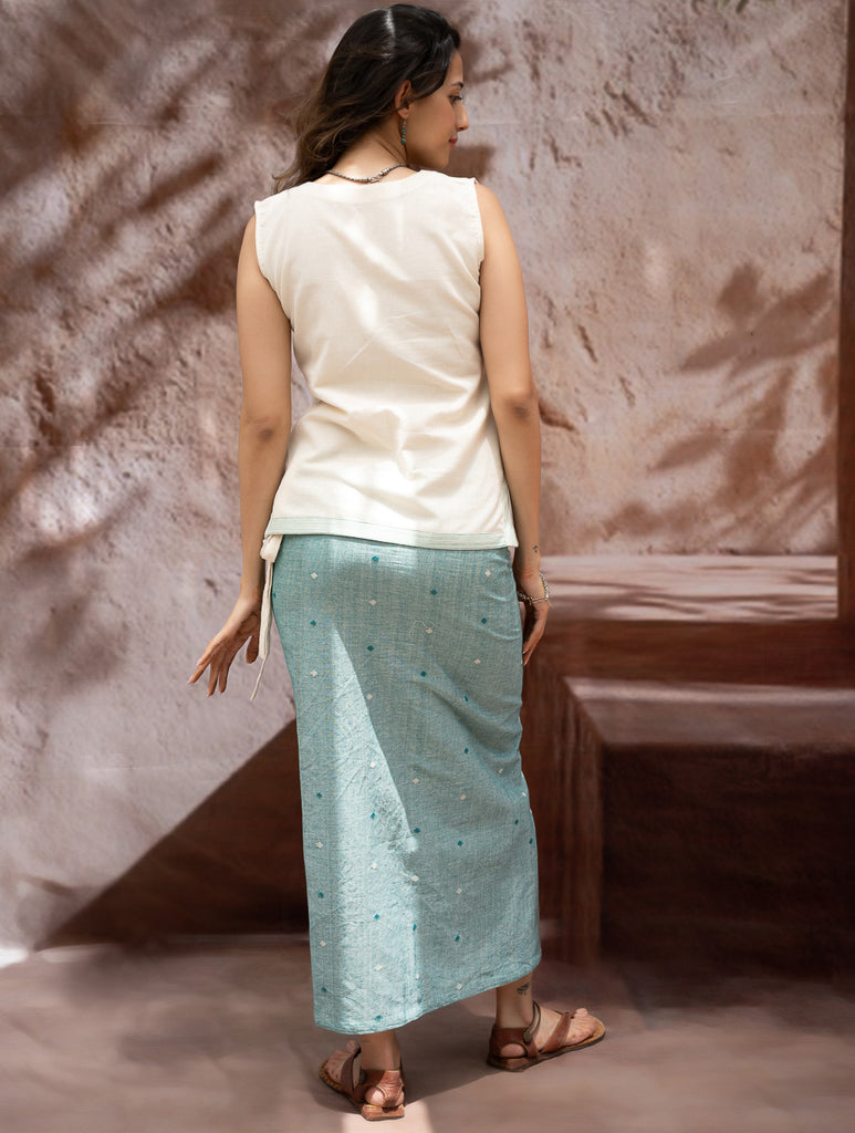 The Work Edit. Handwoven Kashida Pattu Cotton Wrap Skirt & Top Set - Teal Aztec (Set of 2)