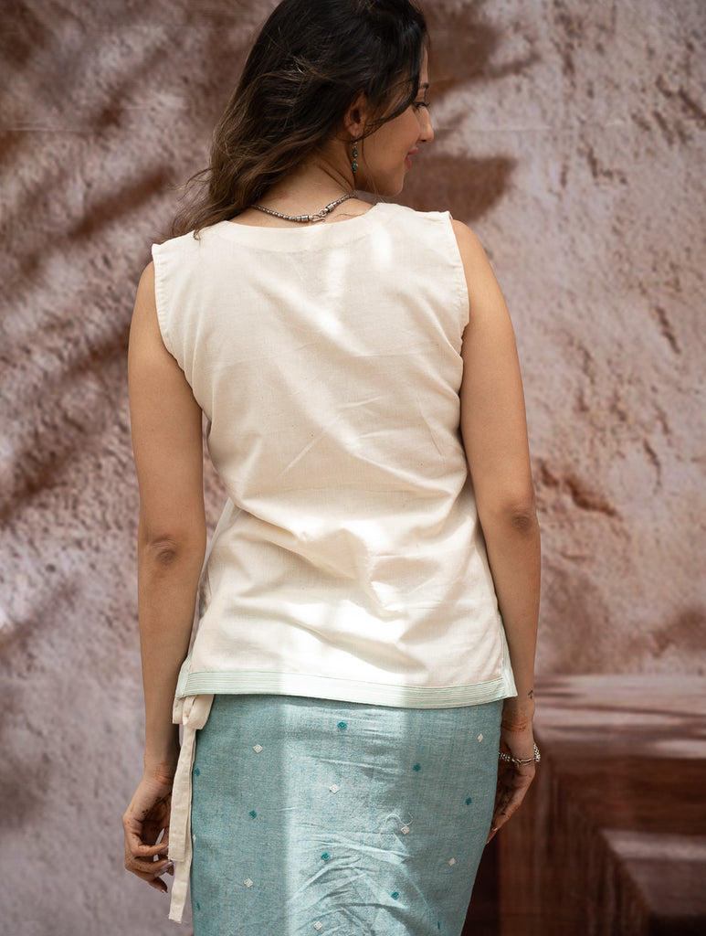 The Work Edit. Handwoven Kashida Pattu Cotton Wrap Skirt & Top Set - Teal Aztec (Set of 2)