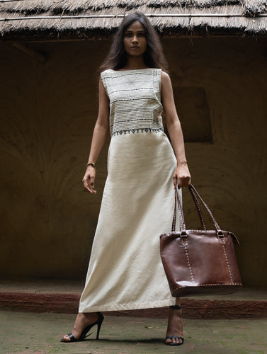 The Work Edit. Handwoven Kashida Pattu Long Dress - Cream Stripes