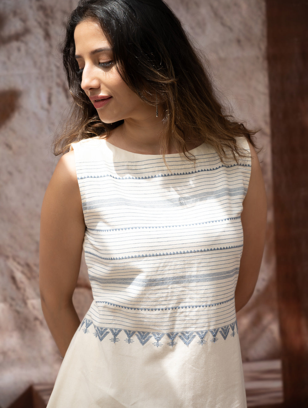 Load image into Gallery viewer, The Work Edit. Handwoven Kashida Pattu Straight Dress - Ivory &amp; Blue Stripes