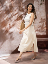 Load image into Gallery viewer, The Work Edit. Handwoven Kashida Pattu Straight Dress - Ivory &amp; Blue Stripes