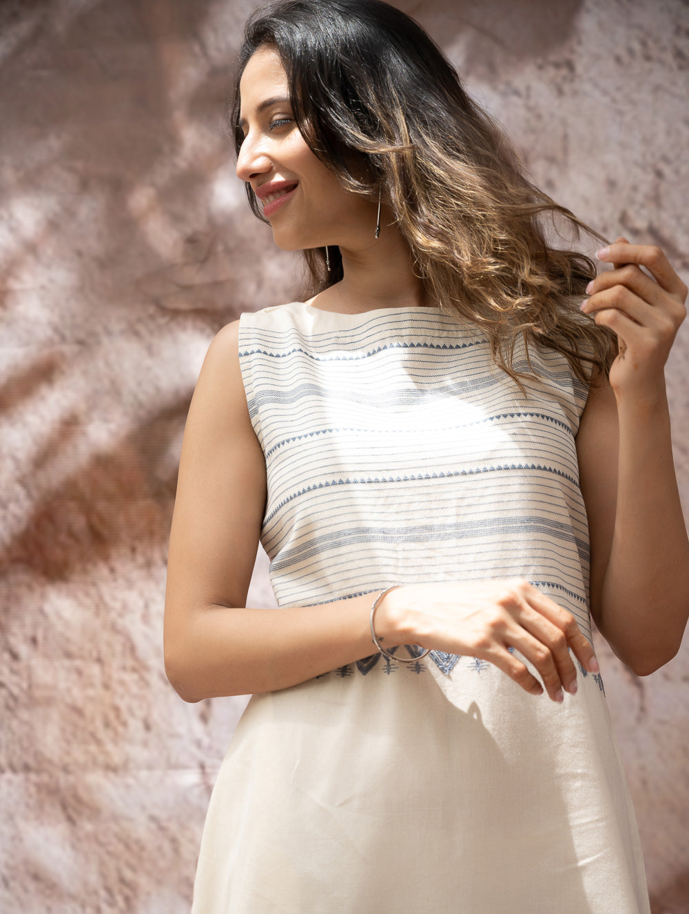 Load image into Gallery viewer, The Work Edit. Handwoven Kashida Pattu Straight Dress - Ivory &amp; Blue Stripes