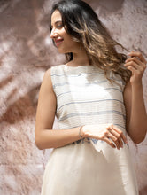 Load image into Gallery viewer, The Work Edit. Handwoven Kashida Pattu Straight Dress - Ivory &amp; Blue Stripes
