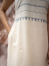 Load image into Gallery viewer, The Work Edit. Handwoven Kashida Pattu Straight Dress - Ivory &amp; Blue Stripes