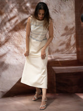 Load image into Gallery viewer, The Work Edit. Handwoven Kashida Pattu Straight Dress - Ivory &amp; Blue Stripes