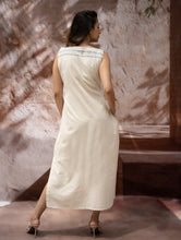 Load image into Gallery viewer, The Work Edit. Handwoven Kashida Pattu Straight Dress - Ivory &amp; Blue Stripes