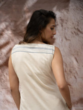 Load image into Gallery viewer, The Work Edit. Handwoven Kashida Pattu Straight Dress - Ivory &amp; Blue Stripes