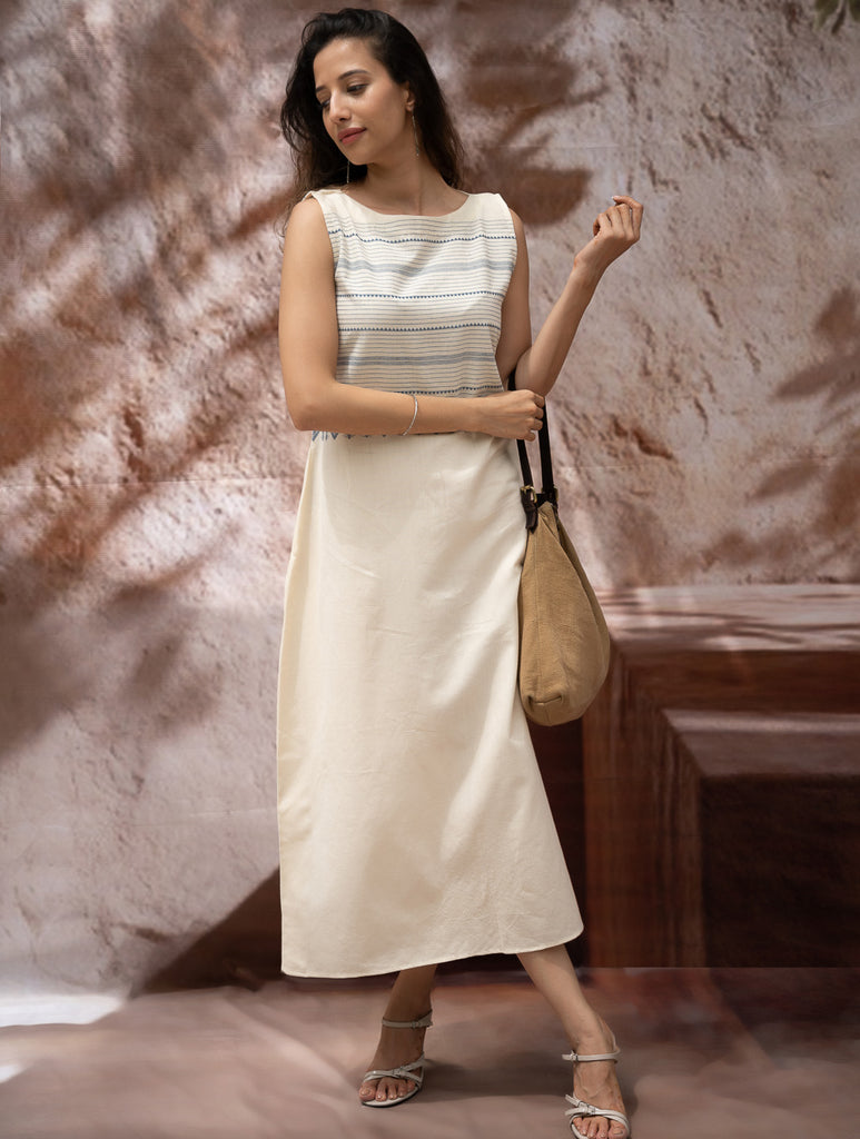 The Work Edit. Handwoven Kashida Pattu Straight Dress - Ivory & Blue Stripes