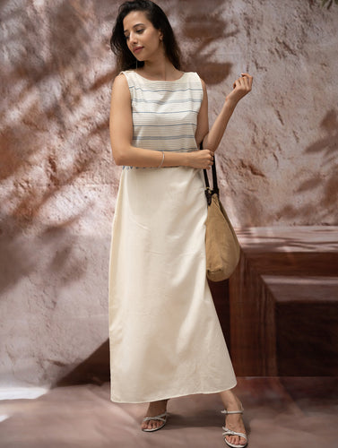 The Work Edit. Handwoven Kashida Pattu Straight Dress - Ivory & Blue Stripes