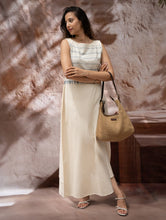 Load image into Gallery viewer, The Work Edit. Handwoven Kashida Pattu Straight Dress - Ivory &amp; Blue Stripes