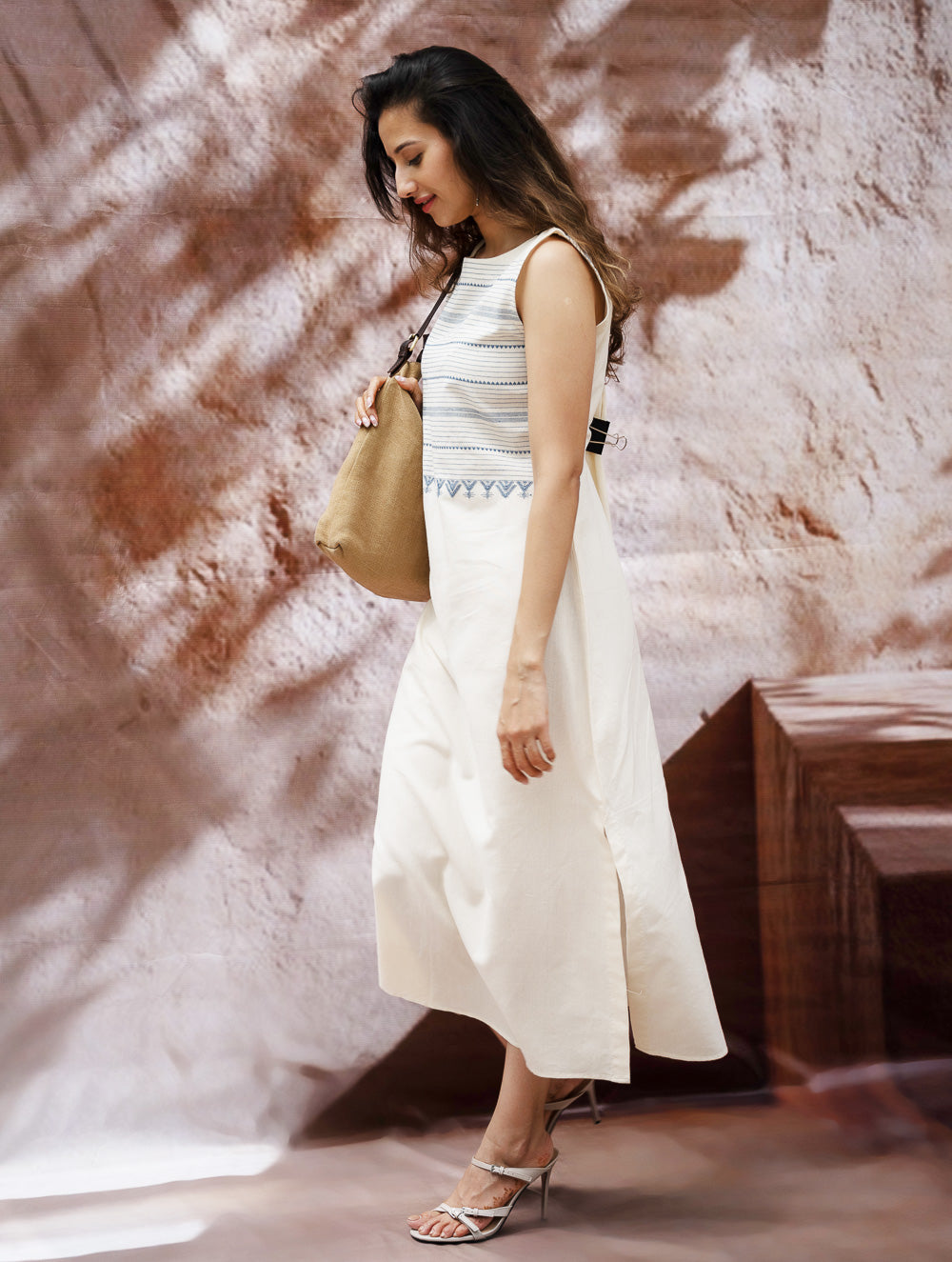 Load image into Gallery viewer, The Work Edit. Handwoven Kashida Pattu Straight Dress - Ivory &amp; Blue Stripes