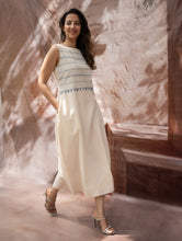 Load image into Gallery viewer, The Work Edit. Handwoven Kashida Pattu Straight Dress - Ivory &amp; Blue Stripes