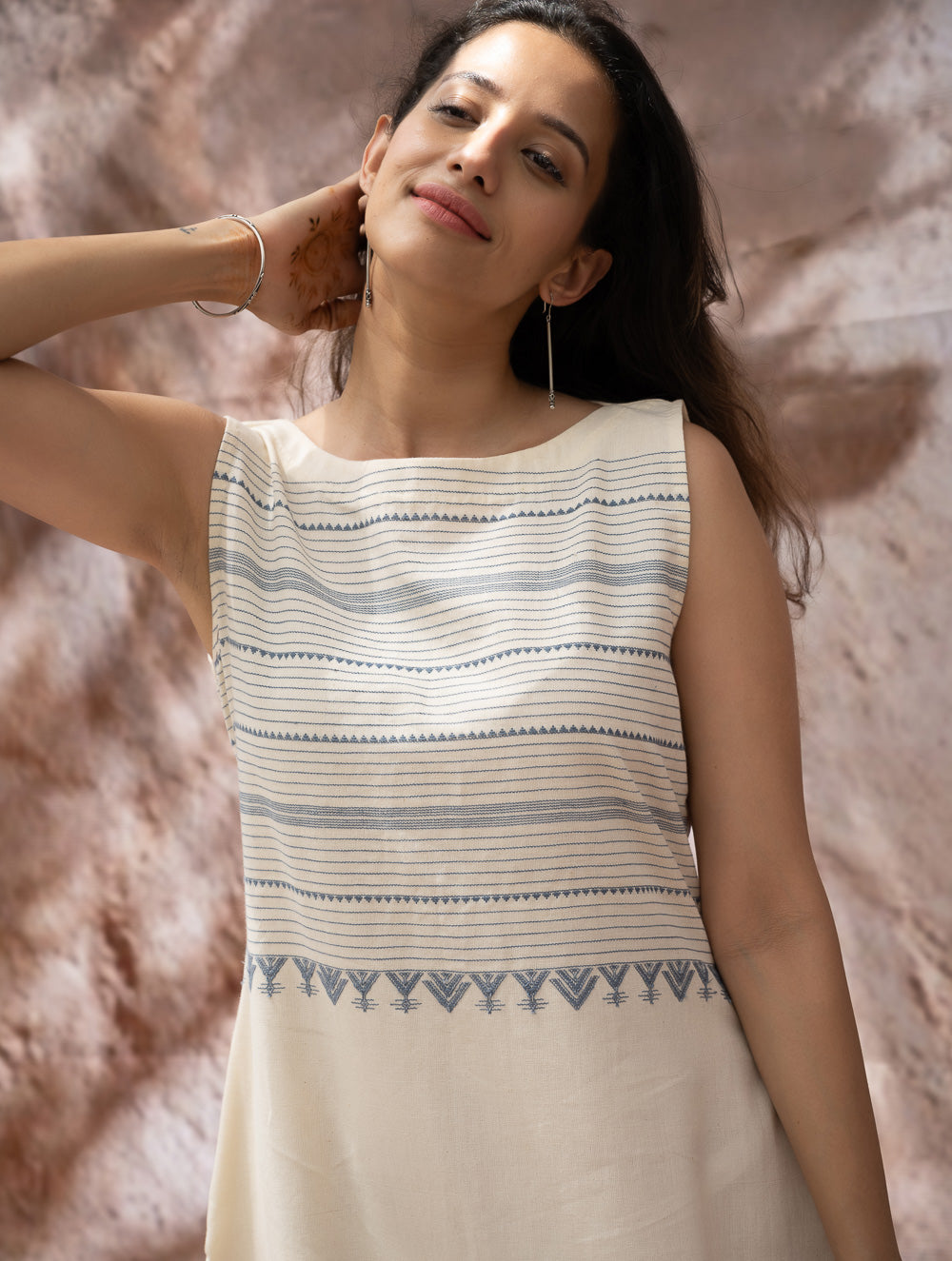 Load image into Gallery viewer, The Work Edit. Handwoven Kashida Pattu Straight Dress - Ivory &amp; Blue Stripes