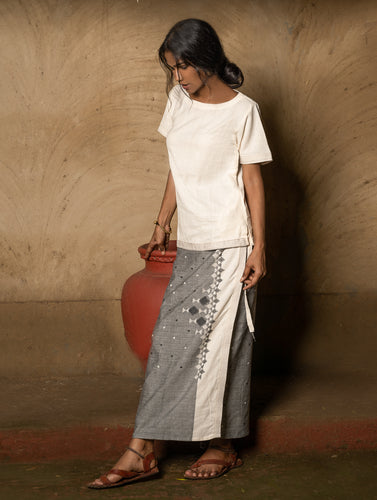 The Work Edit. Handwoven Kashida Pattu Wrap Skirt Set - Grey Aztec (Set of 2)