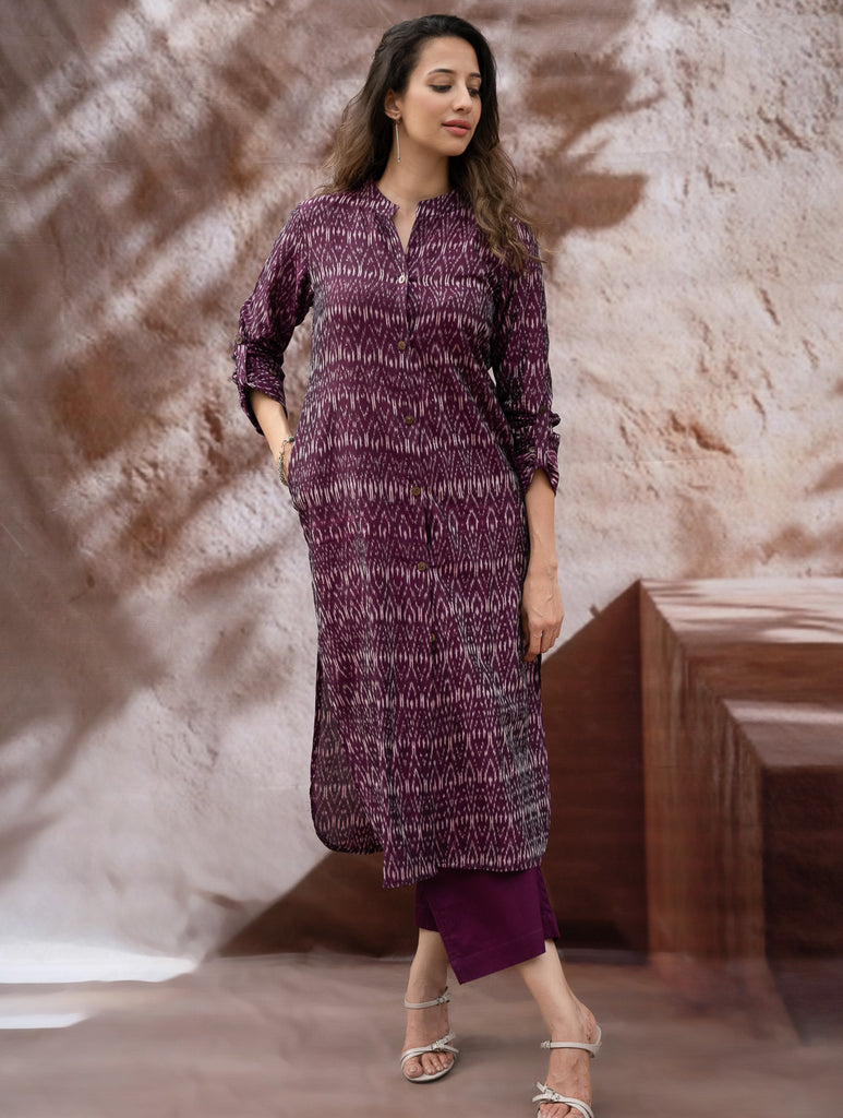 The Work Edit. Light & Soft. Ikat Handwoven Long Shirt - Purple Reverie 