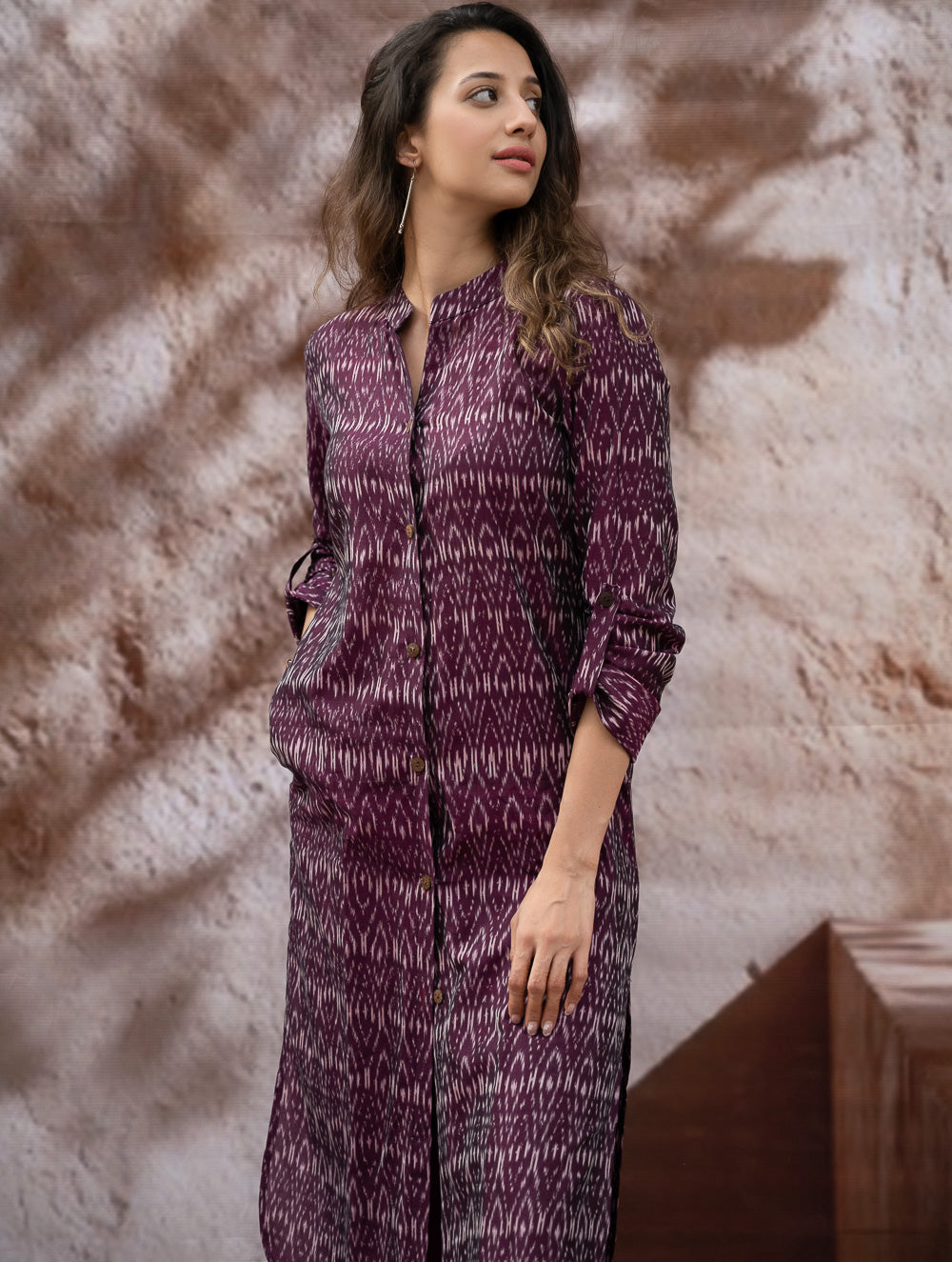 Load image into Gallery viewer, The Work Edit. Light &amp; Soft. Ikat Handwoven Long Shirt - Purple Reverie 
