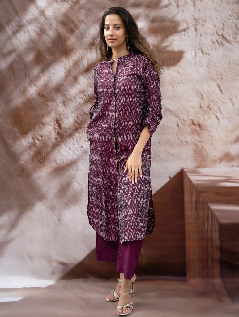 The Work Edit. Light & Soft. Ikat Handwoven Long Shirt - Purple Reverie 