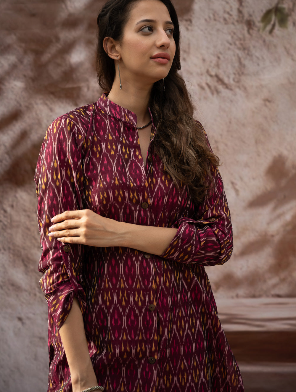 The Work Edit. Light & Soft. Ikat Handwoven Long Shirt - Ruby Stripes 