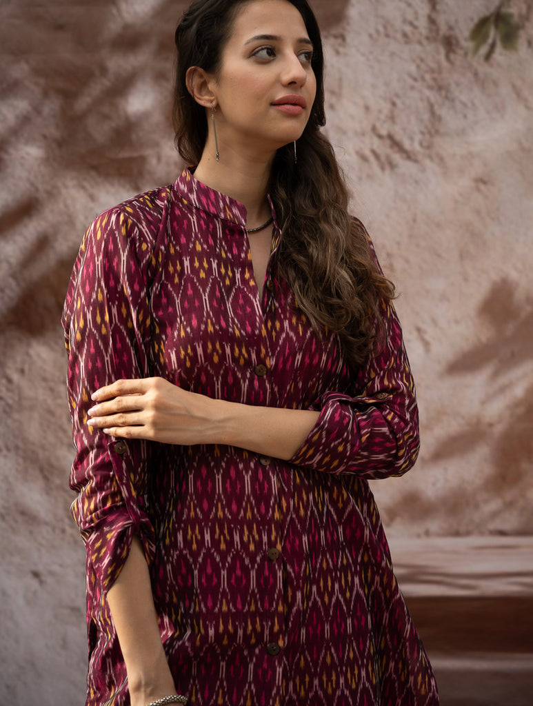 The Work Edit. Light & Soft. Ikat Handwoven Long Shirt - Ruby Stripes 