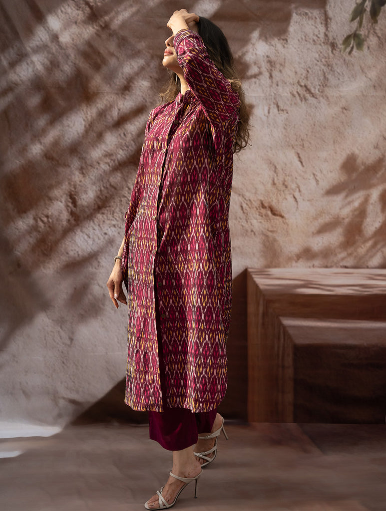 The Work Edit. Light & Soft. Ikat Handwoven Long Shirt - Ruby Stripes 