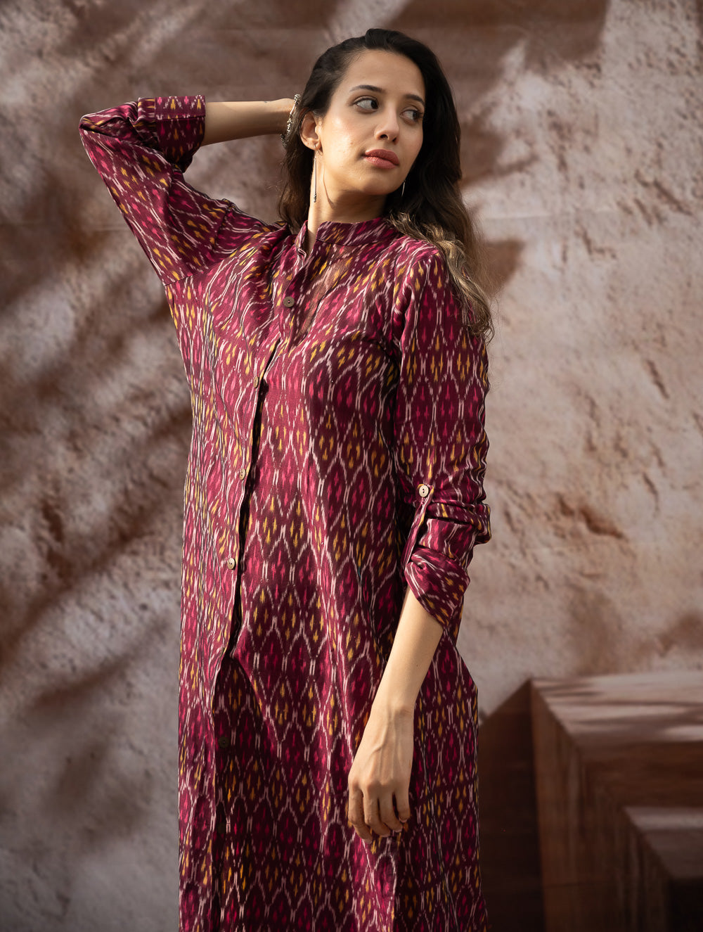 Load image into Gallery viewer, The Work Edit. Light &amp; Soft. Ikat Handwoven Long Shirt - Ruby Stripes 