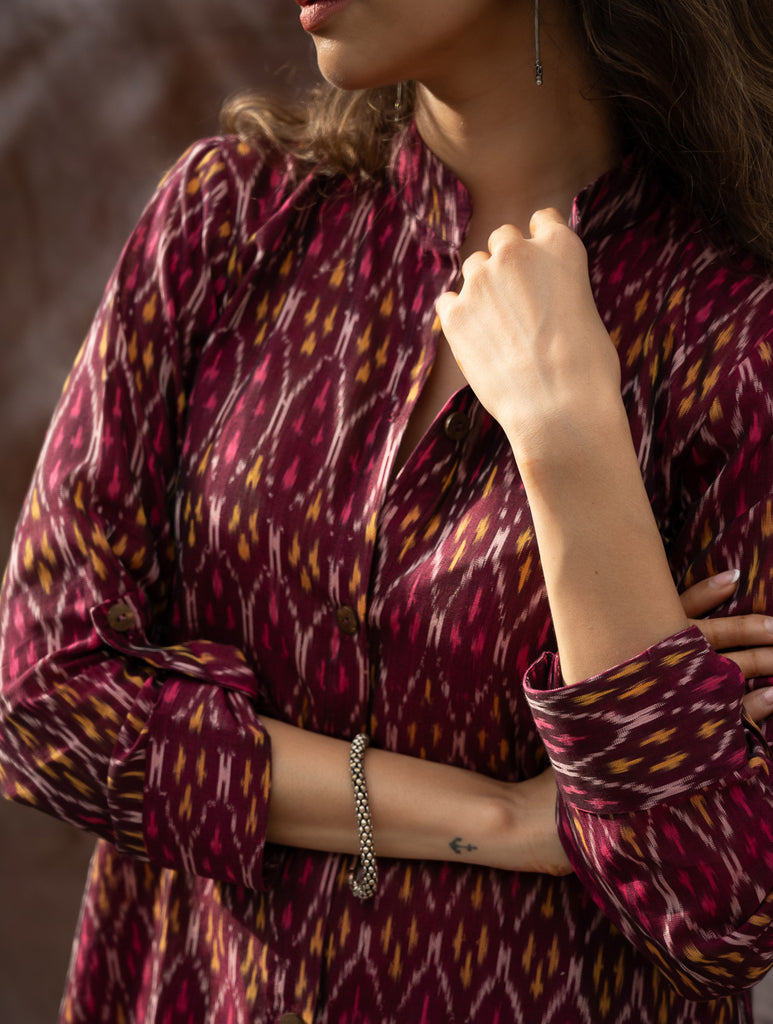The Work Edit. Light & Soft. Ikat Handwoven Long Shirt - Ruby Stripes 